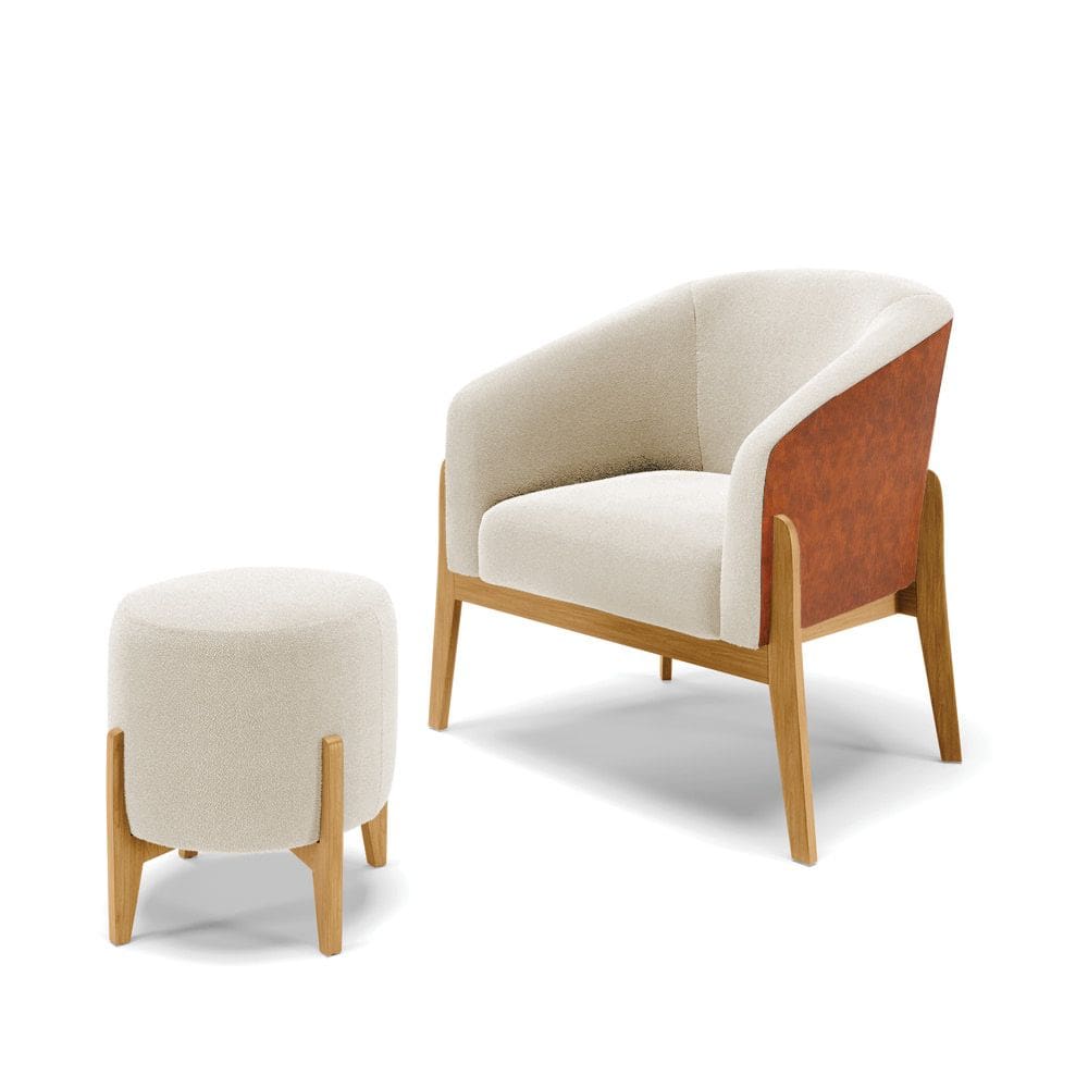 Poltrona e Puff Decorativo Base Madeira Stella PU Nozes/Bouclê Bege D03 - D`Rossi