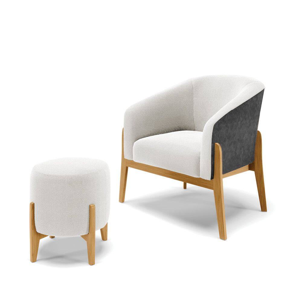 Poltrona e Puff Decorativo Base Madeira Stella PU Preto/Bouclê Off White D03 - D`Rossi