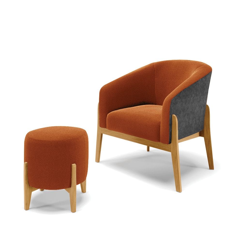 Poltrona e Puff Decorativo Base Madeira Stella PU Preto/Bouclê Terra D03 - D`Rossi