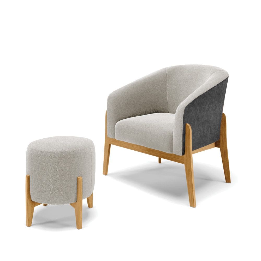 Poltrona e Puff Decorativo Base Madeira Stella PU Preto/Bouclê Cinza D03 - D`Rossi