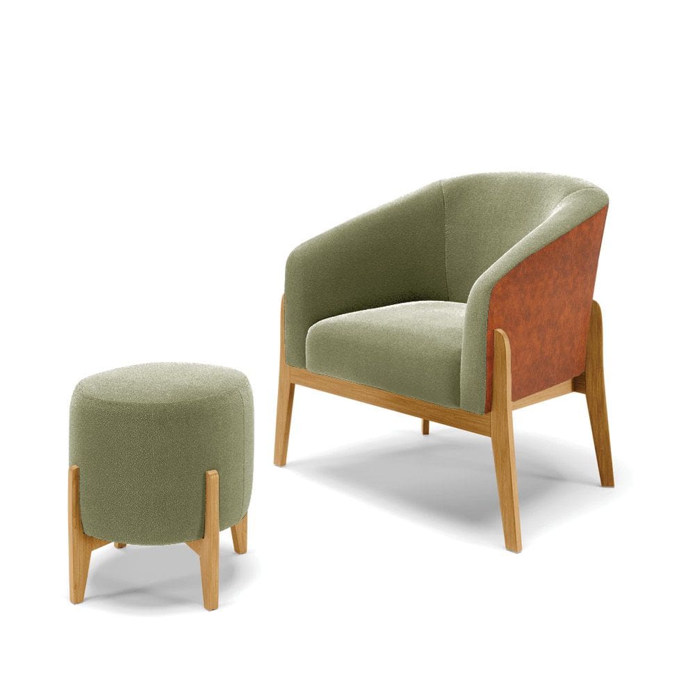 Poltrona e Puff Decorativo Base Madeira Stella PU Nozes/Bouclê Pistache D03 - D`Rossi