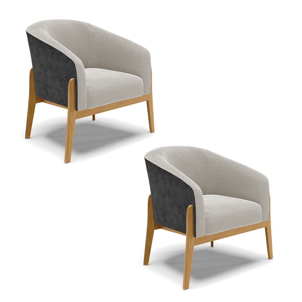 Poltrona Decorativa Base Madeira Kit 2 Stella PU Preto/Bouclê Cinza D03 - D`Rossi