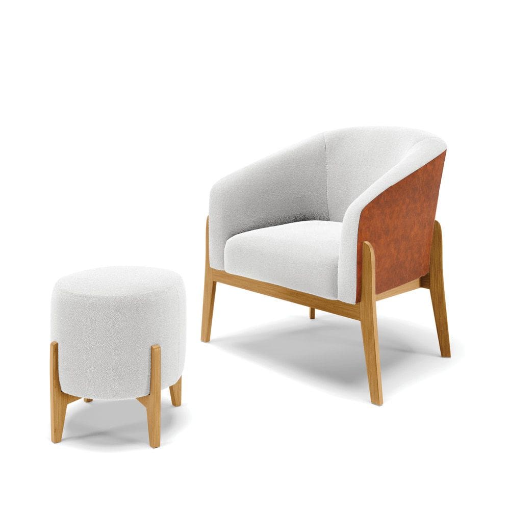 Poltrona e Puff Decorativo Base Madeira Stella PU Nozes/Bouclê Off White D03 - D`Rossi