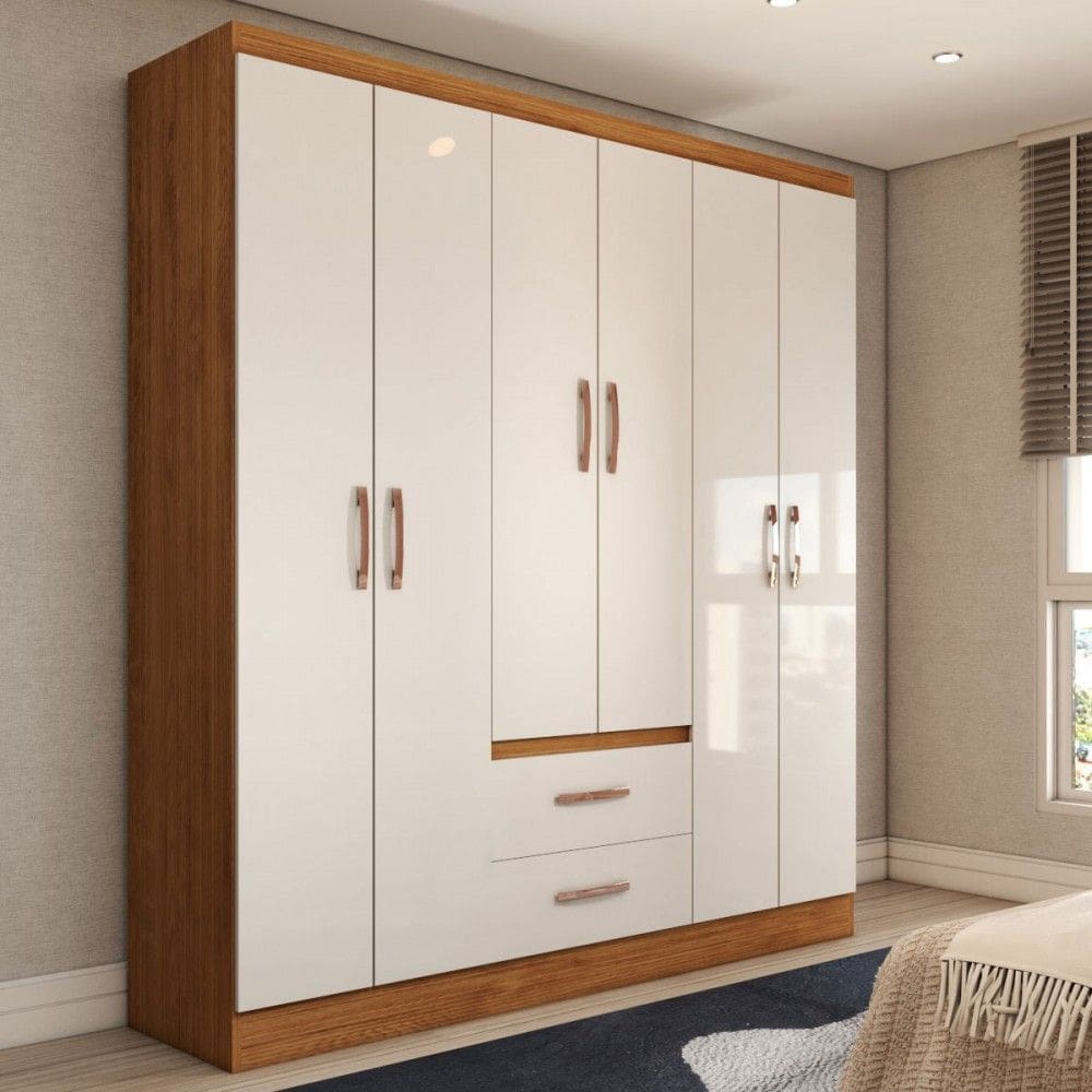 Guarda-Roupa Solteiro Belmont 6 Portas 2 Gavetas Off White/Nogueira - Panorama Móveis