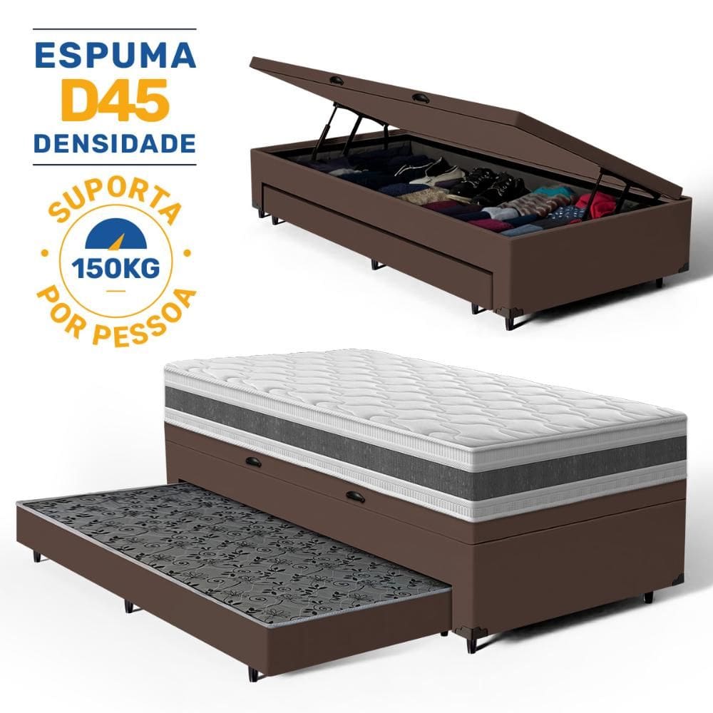 Cama Box Baú com Colchão de Espuma D45 Double Face Air Pro Força Anjos + Auxiliar Unique Solteiro 88cm
