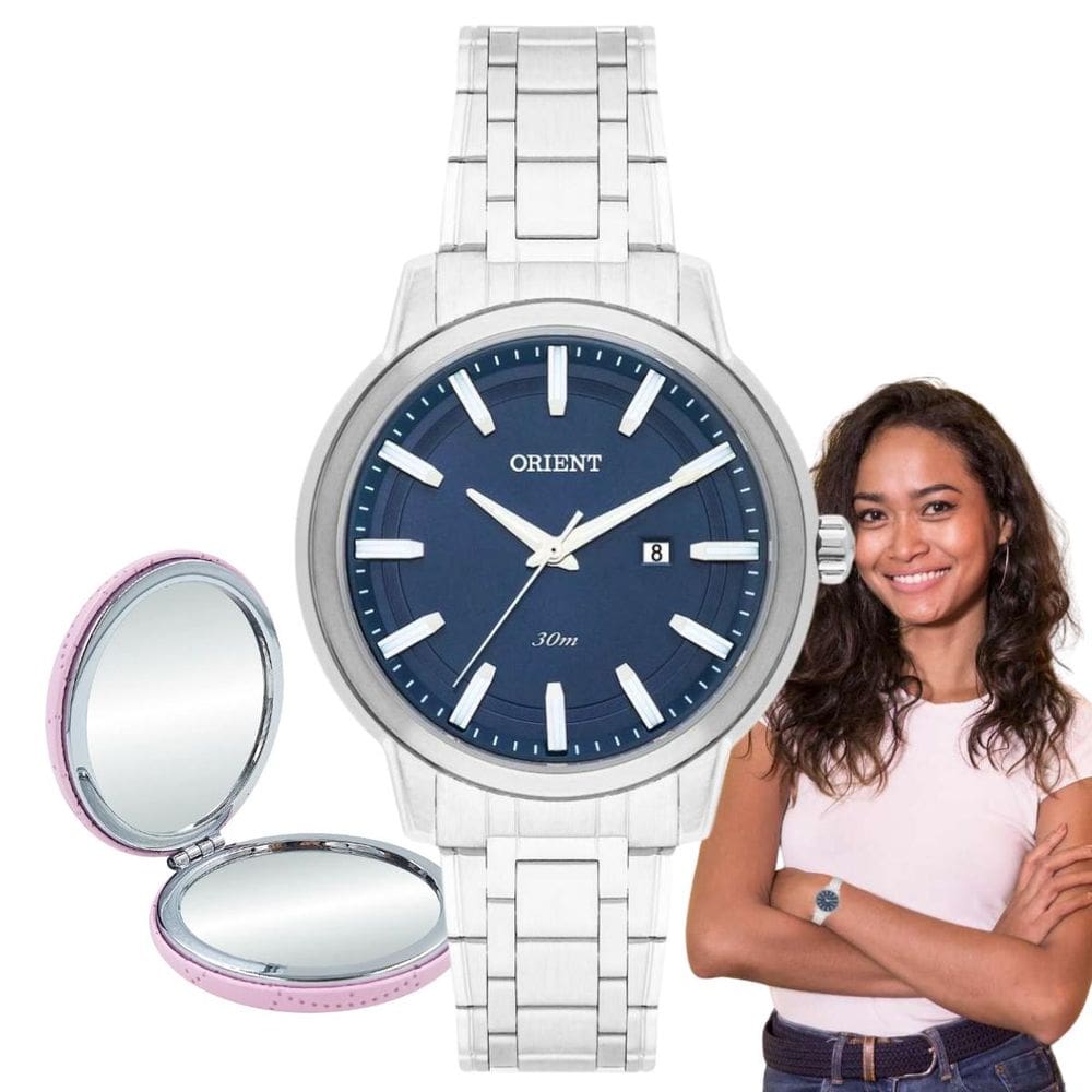 Relógio Feminino Orient Analógico Redondo Aço Inóx Prova D’água 3 ATM Casual Prata FBSS1155 D1SX + Espelho de Bolsa