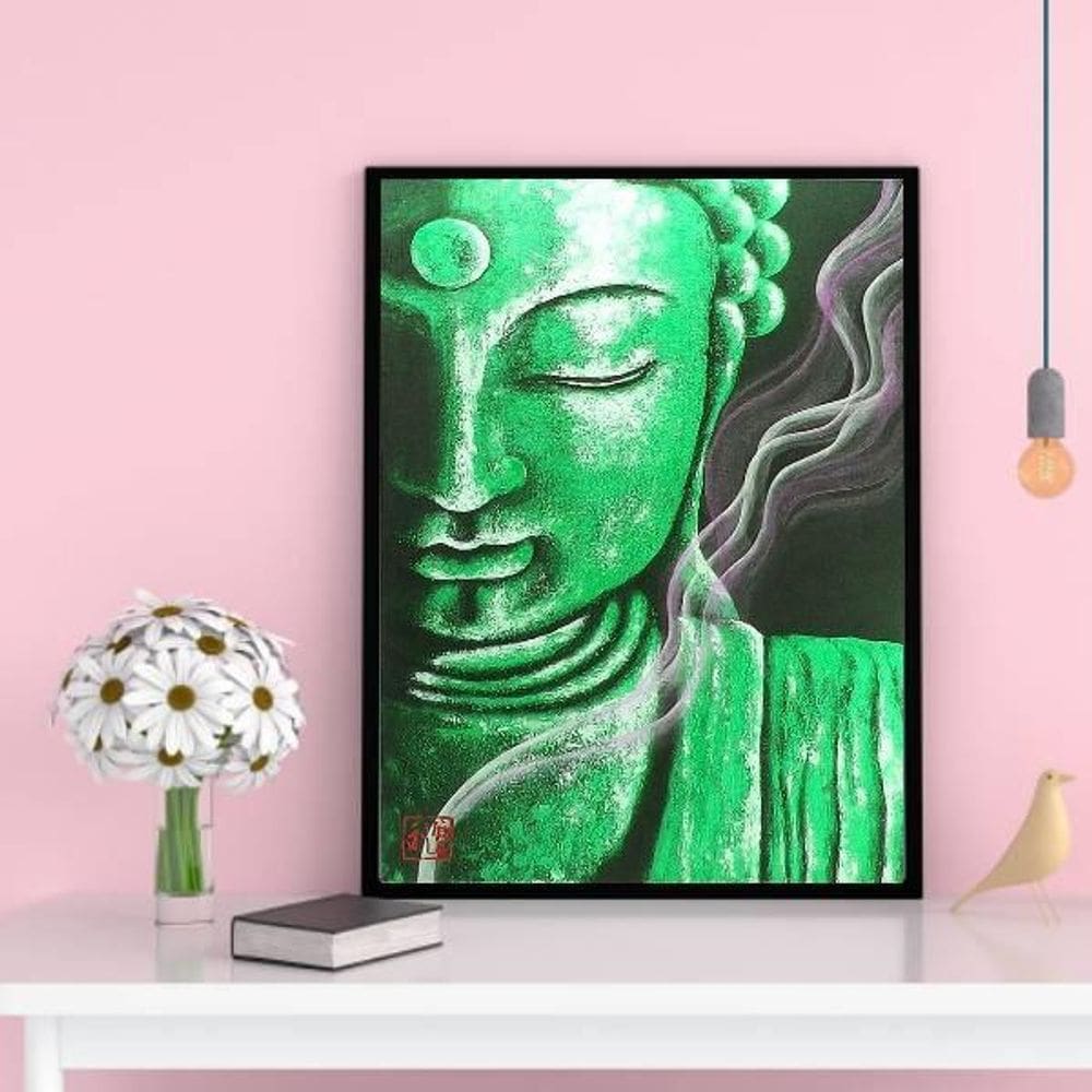 Quadro Decorativo Buda Verde 24X18Cm - Madeira Preta
