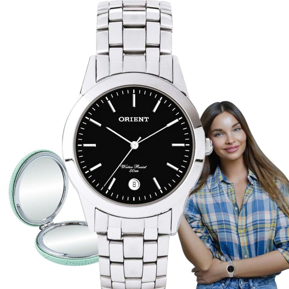 Relógio de Pulso Orient Feminino Analógico Aço Inóx Prova Dágua 5 ATM Pequeno Redondo Casual Prata MBSS1004A P1SX + Espelho de Bolsa