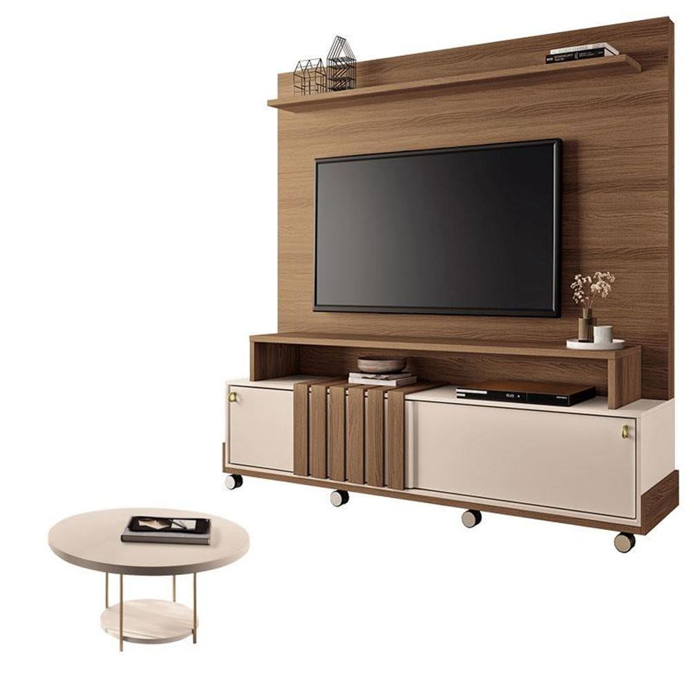 Estante Home Theater Bold Off White Castanho e Mesa de Centro sky Off White – HB Móveis