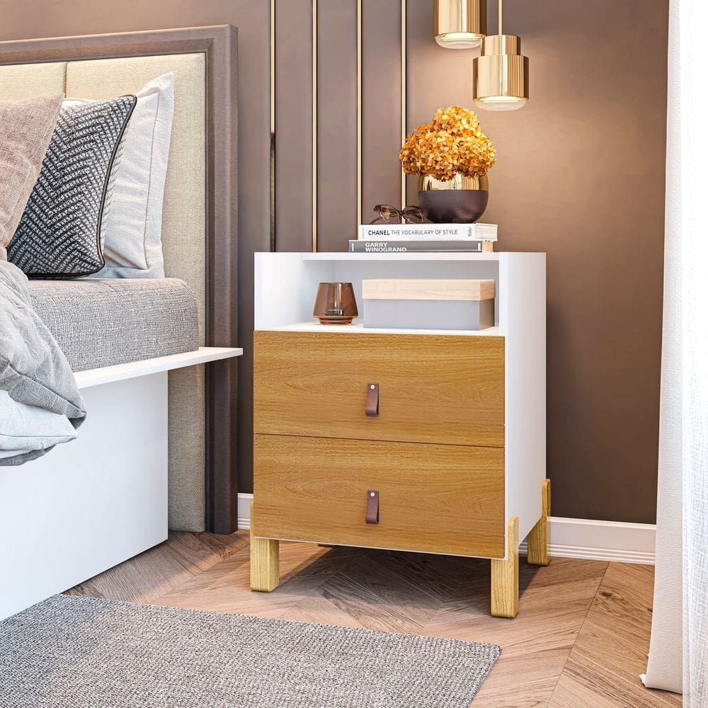 Mesa de Cabeceira com 1 Nicho e 2 Gavetas Domus Yescasa Branco com Amadeirado Freijó