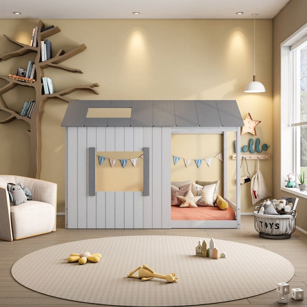 Cama Infantil Montessoriana Cabana Pkolino Off White/Cinza Claro