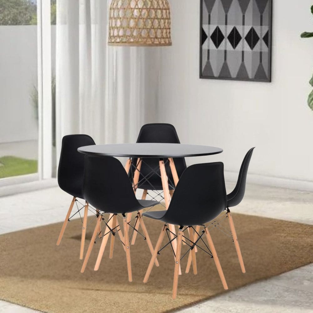 Conjunto Mesa de Jantar 120cm Redonda com 05 Cadeiras Eiffel Preto