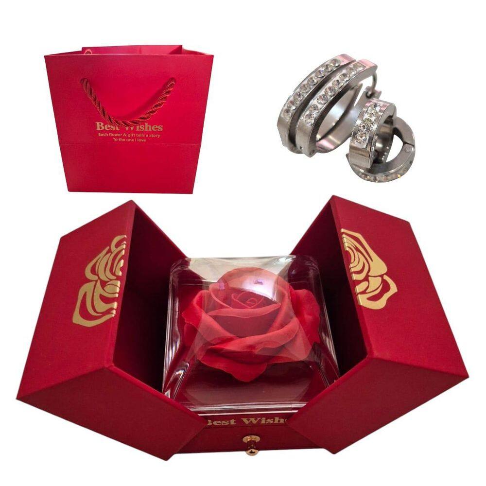 Rosa Eterna Preservada + Dupla De Argola Cravejada Feminino