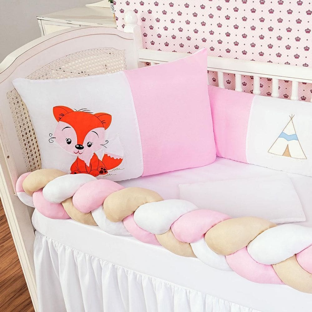 Kit Protetor Berço Padrão Americano Raposa Menina Rosa 6 Pçs