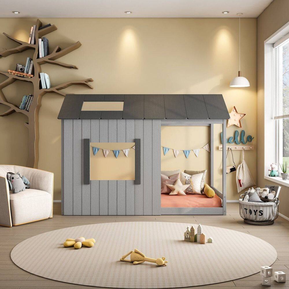 Cama Infantil Montessoriana Cabana Pkolino Cinza/Cinza Escuro