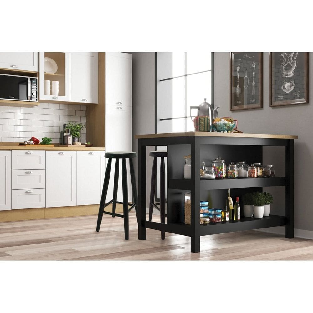 Bancada Ilha para Cozinha e 2 Banquetas Preto
