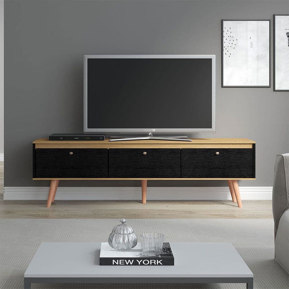 Rack Grande Memphis para TV 65 Polegadas Retrô com 3 Portas 160x59cm MDP Preto Menu Móveis