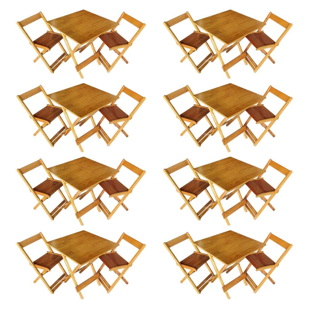 Kit 8 Conjuntos de Mesa Dobrável 70x70cm em Madeira Maciça para Restaurantes C/ 2 Cadeiras