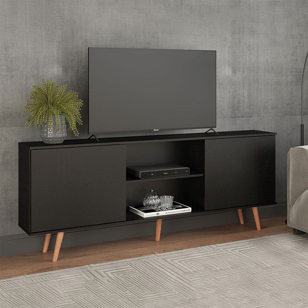 Rack Siena para TV 65 Polegadas 180x79cm Pés em Madeira MDP Preto Menu Móveis