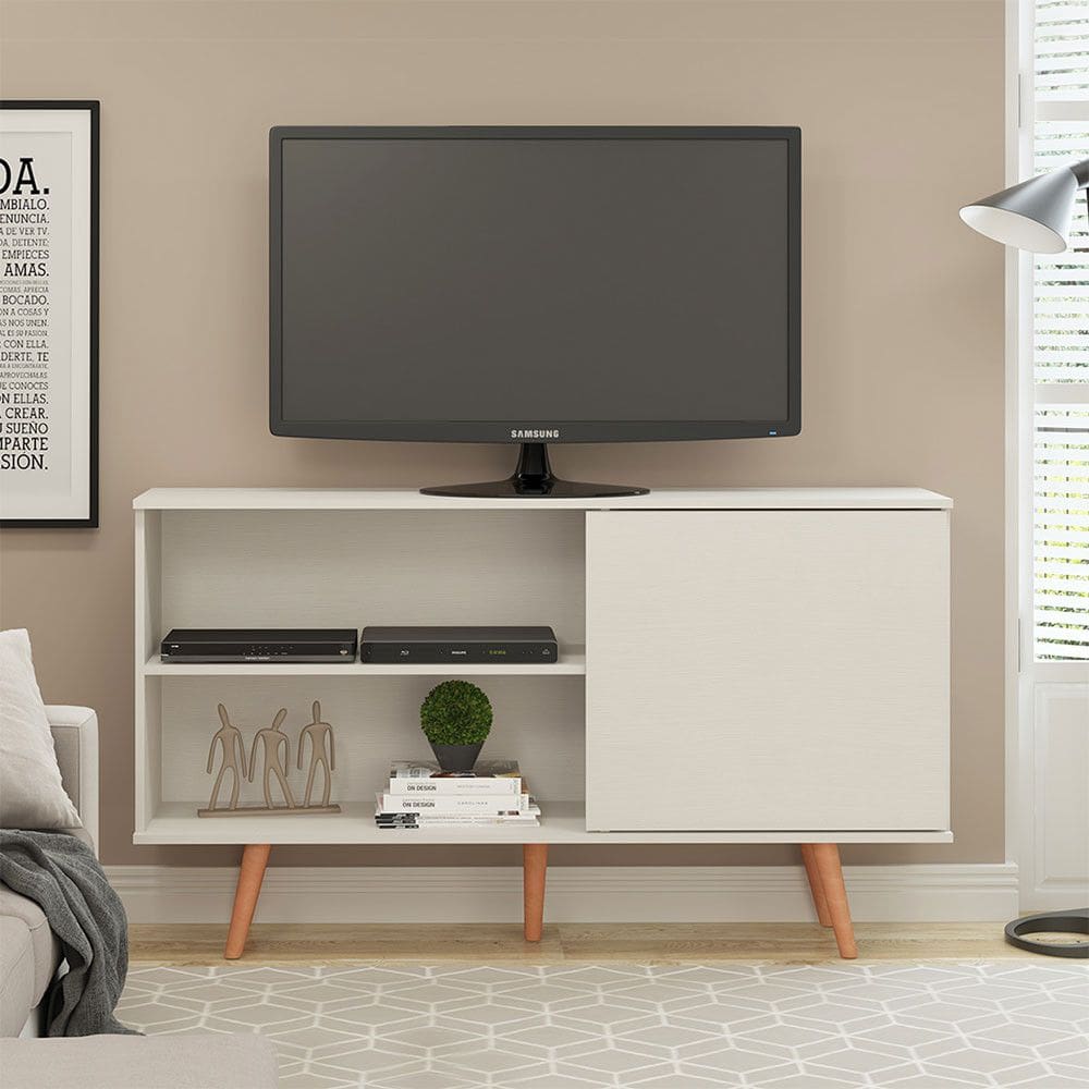 Rack Aparador Pádua para TV 50 Polegadas Retrô 136x79cm Pés em Madeira MDP Branco Menu Móveis