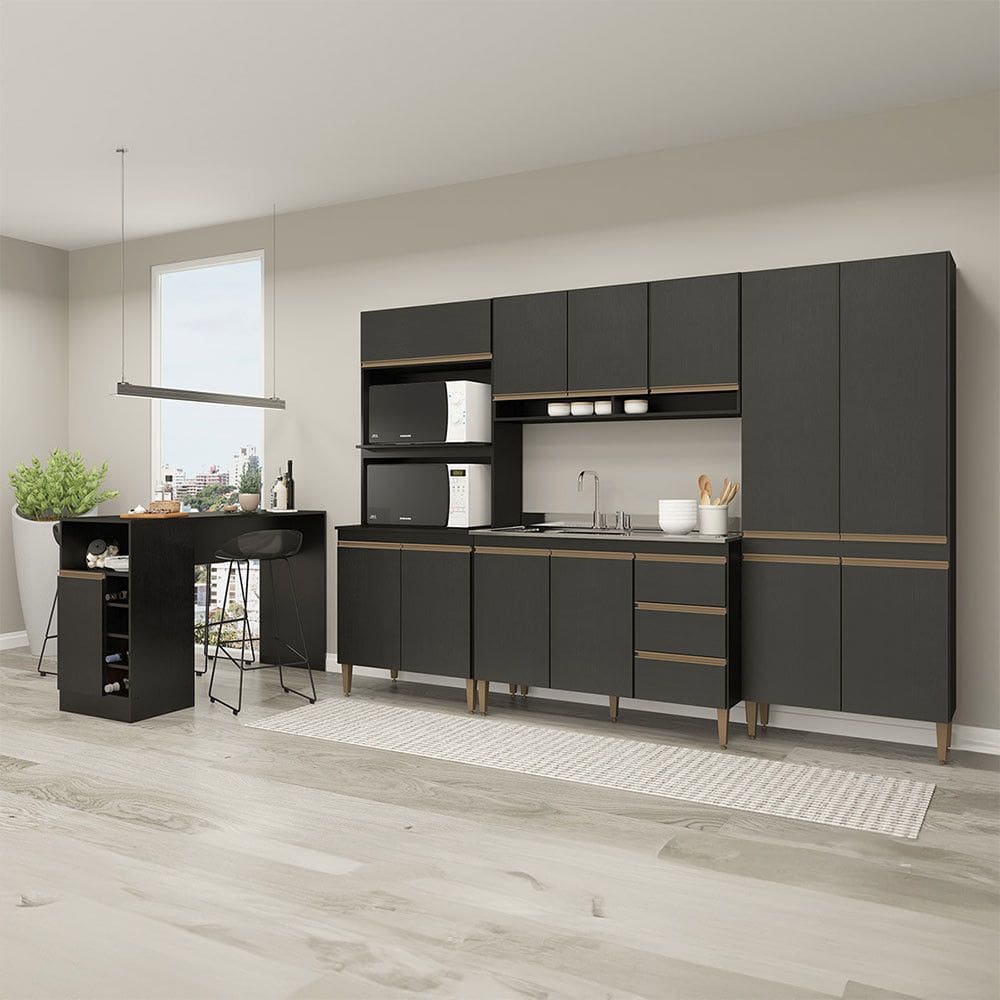Cozinha Modulada Completa com Torre Quente Forno Paneleiro Sabrina 280x202cm 5 Peças MDP Preto Menu Móveis