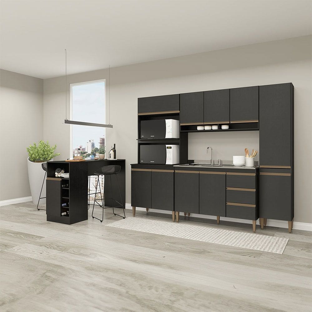 Cozinha Modulada com Bancada e Torre Quente Forno Sabrina 280x202cm 5 Peças MDP Preto Menu Móveis