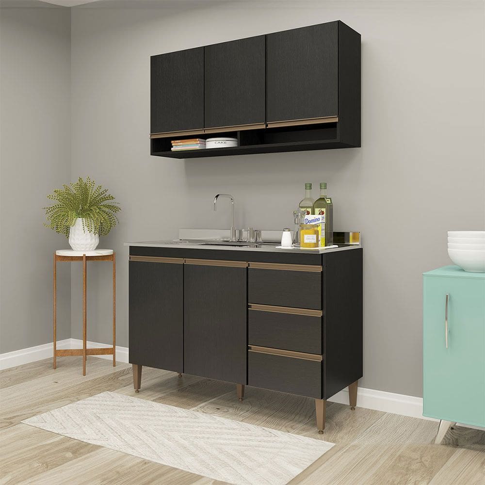 Balcão para Pia com Armário Aéreo para Cozinha Sabrina 120cm 2 Peças Preto Menu Móveis