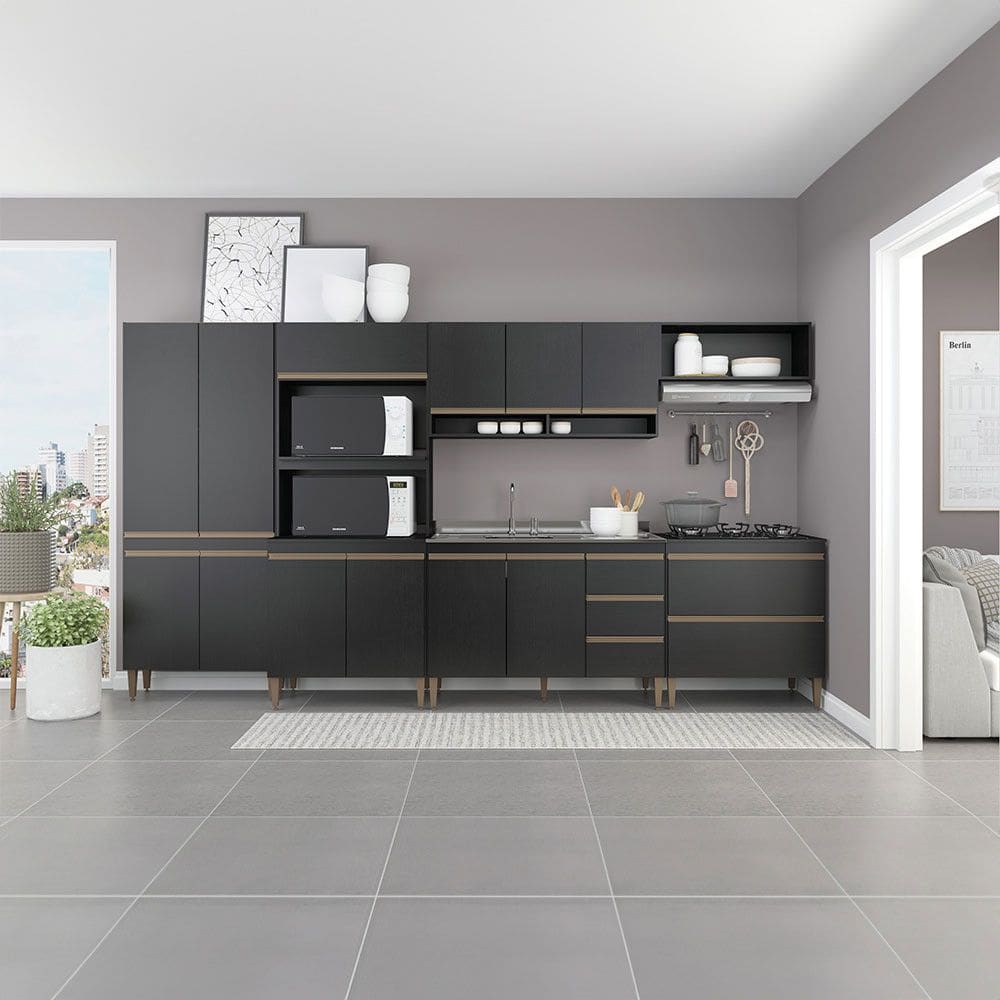 Cozinha Modulada 360cm Balcão Pia Sabrina 6 Peças Preto Reins Menu Móveis