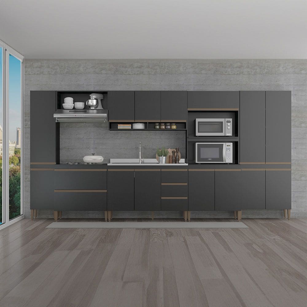 Cozinha Modulada Grande 400cm Sabrina 7 Peças Reins Preto Menu Móveis