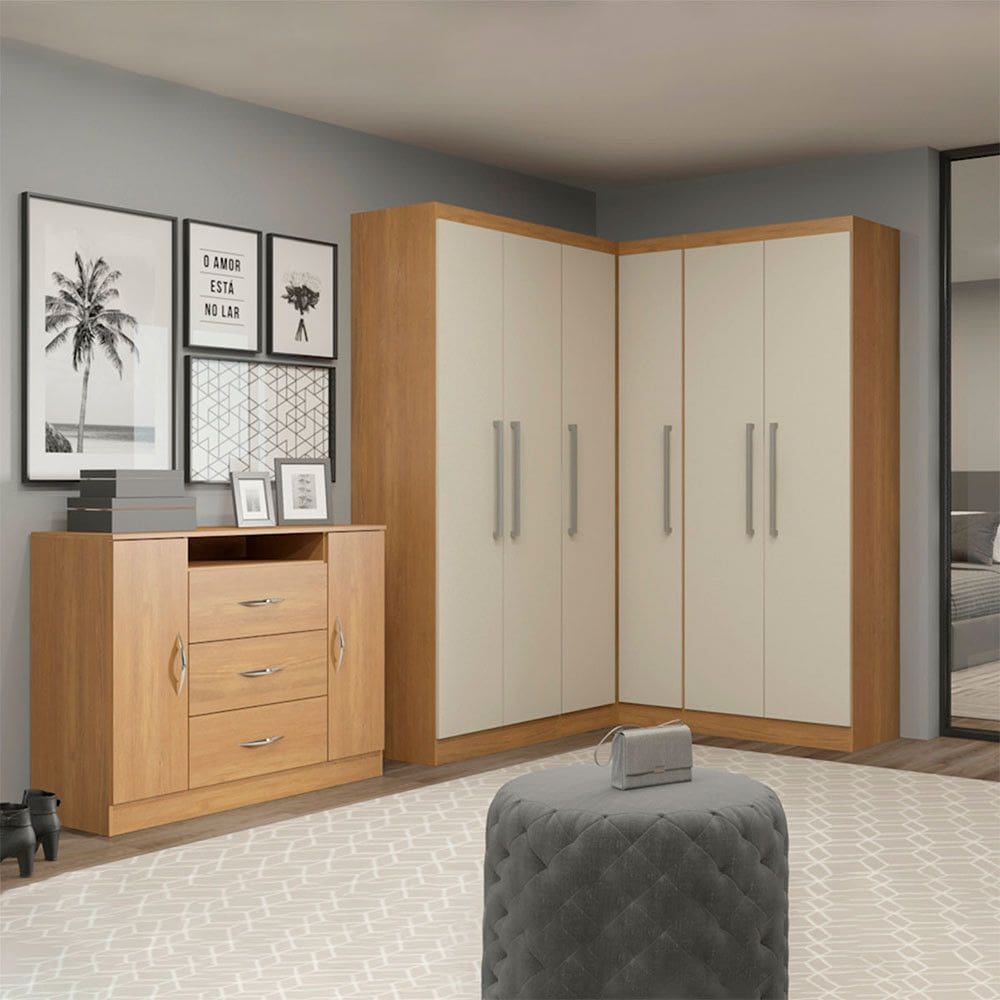 Kit Guarda Roupa Casal de Canto com Cômoda 166-160x218cm Selene 5 Peças MDP Carvalho Menu Móveis