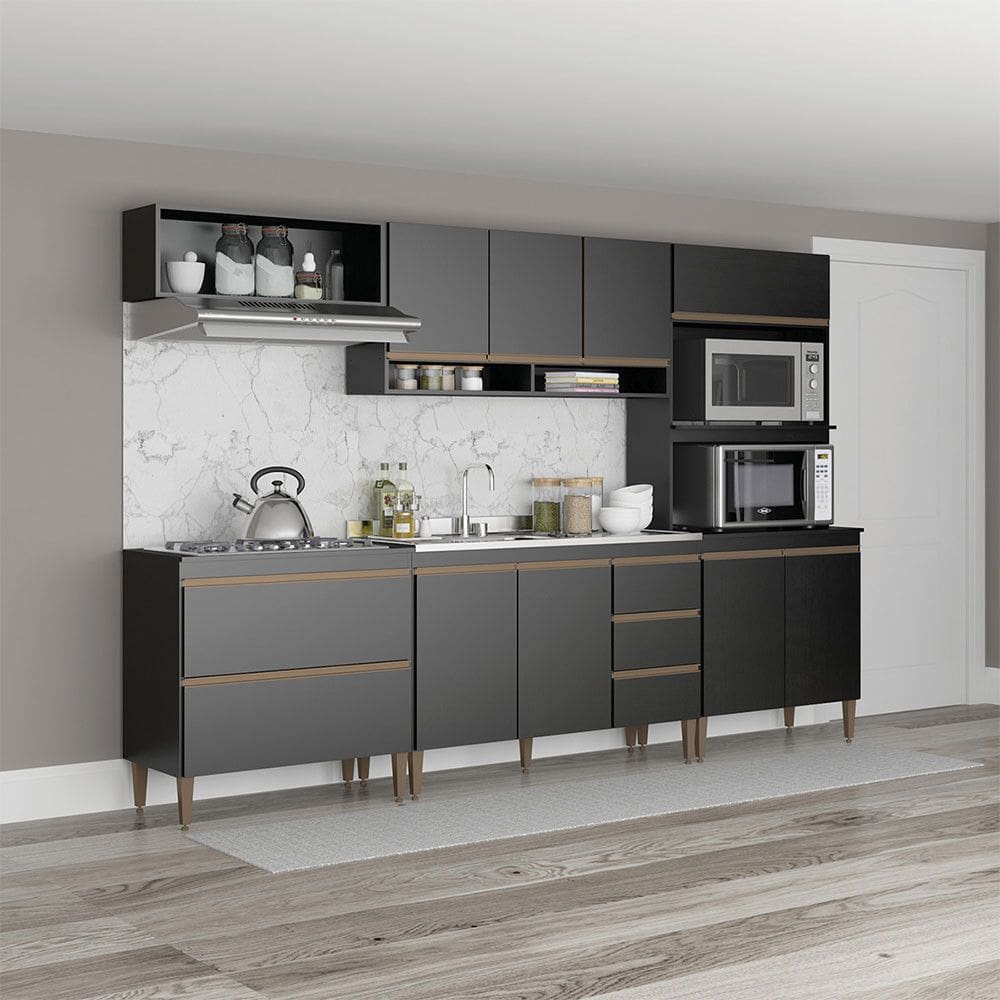 Cozinha Modulada Completa 280cm Sabrina 5 Peças Preto Menu Móveis