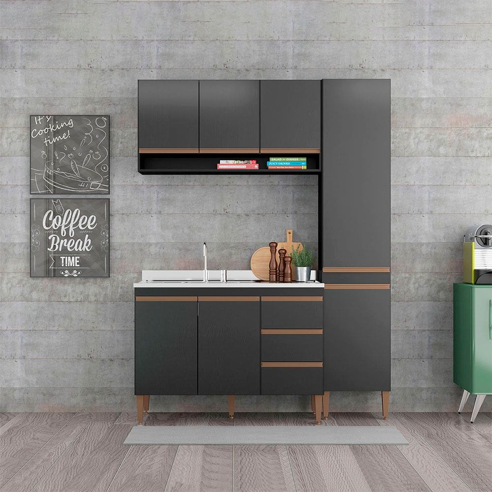 Cozinha Compacta com Balcão para Pia Sabrina 160x202cm 3 Peças MDP Preto Menu Móveis