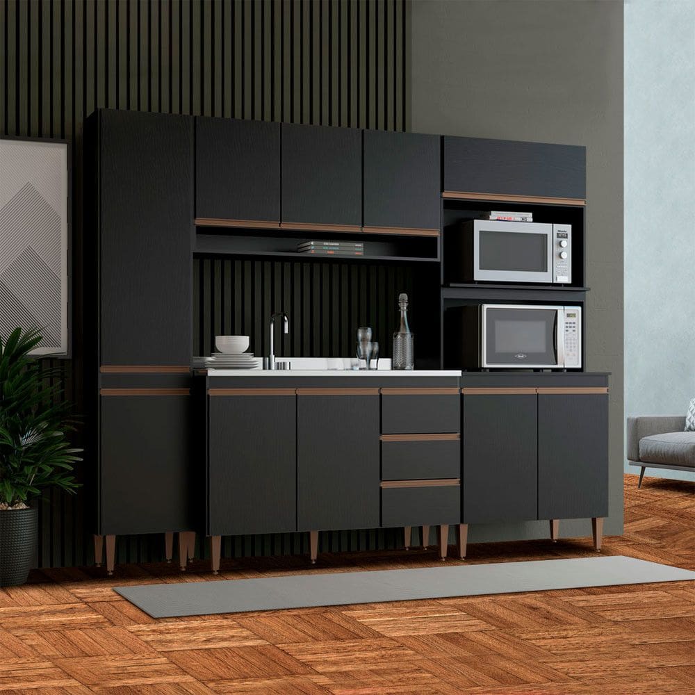 Cozinha Modulada Compacta com Torre Quente e Balcão Pia Sabrina 240x202cm 4 Peças MDP Preto Menu Móveis