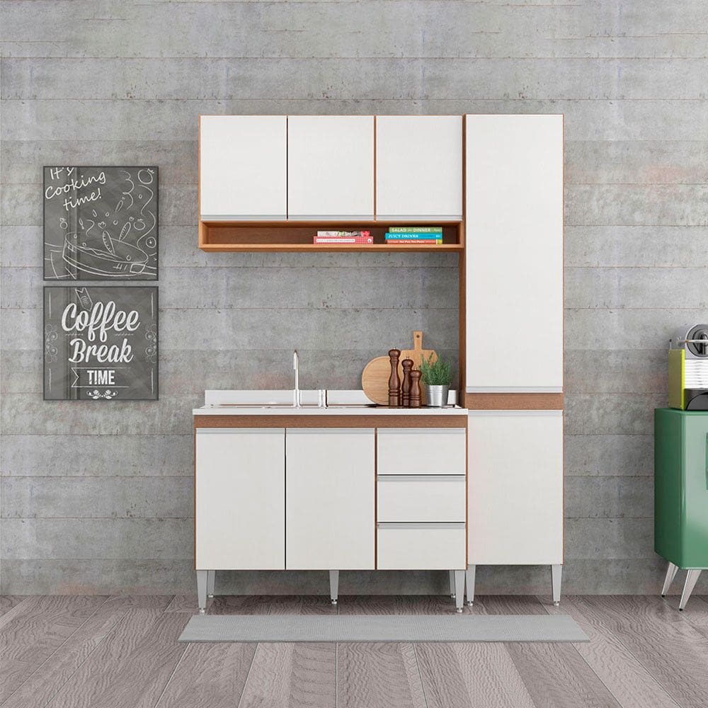 Cozinha Modulada Compacta com Balcão Pia Sabrina 160x202cm 3 Peças MDP Branco Menu Móveis
