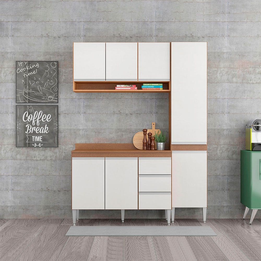 Cozinha Compacta Modulada com Balcão Paneleiro Sabrina 160x202cm 4 Peças MDP Branco Menu Móveis
