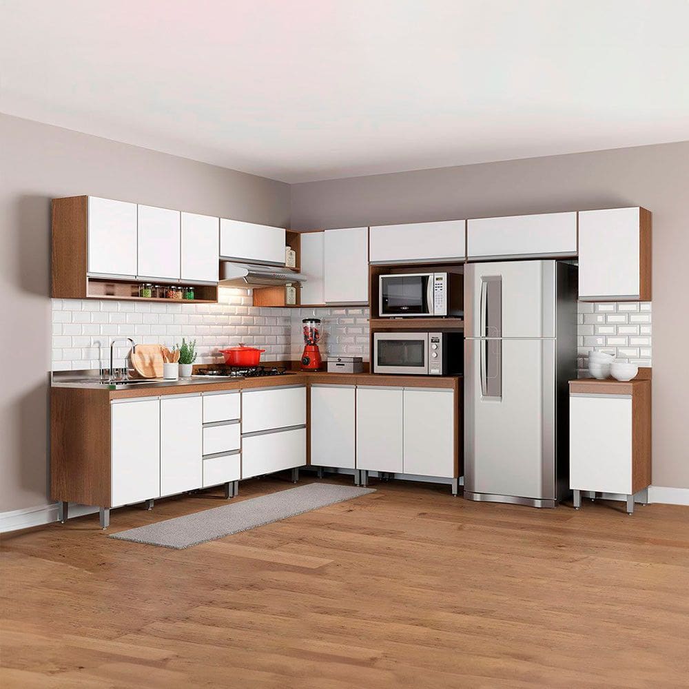 Cozinha de Canto Modulada com Armário Aéreo Balcão Sabrina 252-294x202cm 10 Peças MDP Branco Menu Móveis