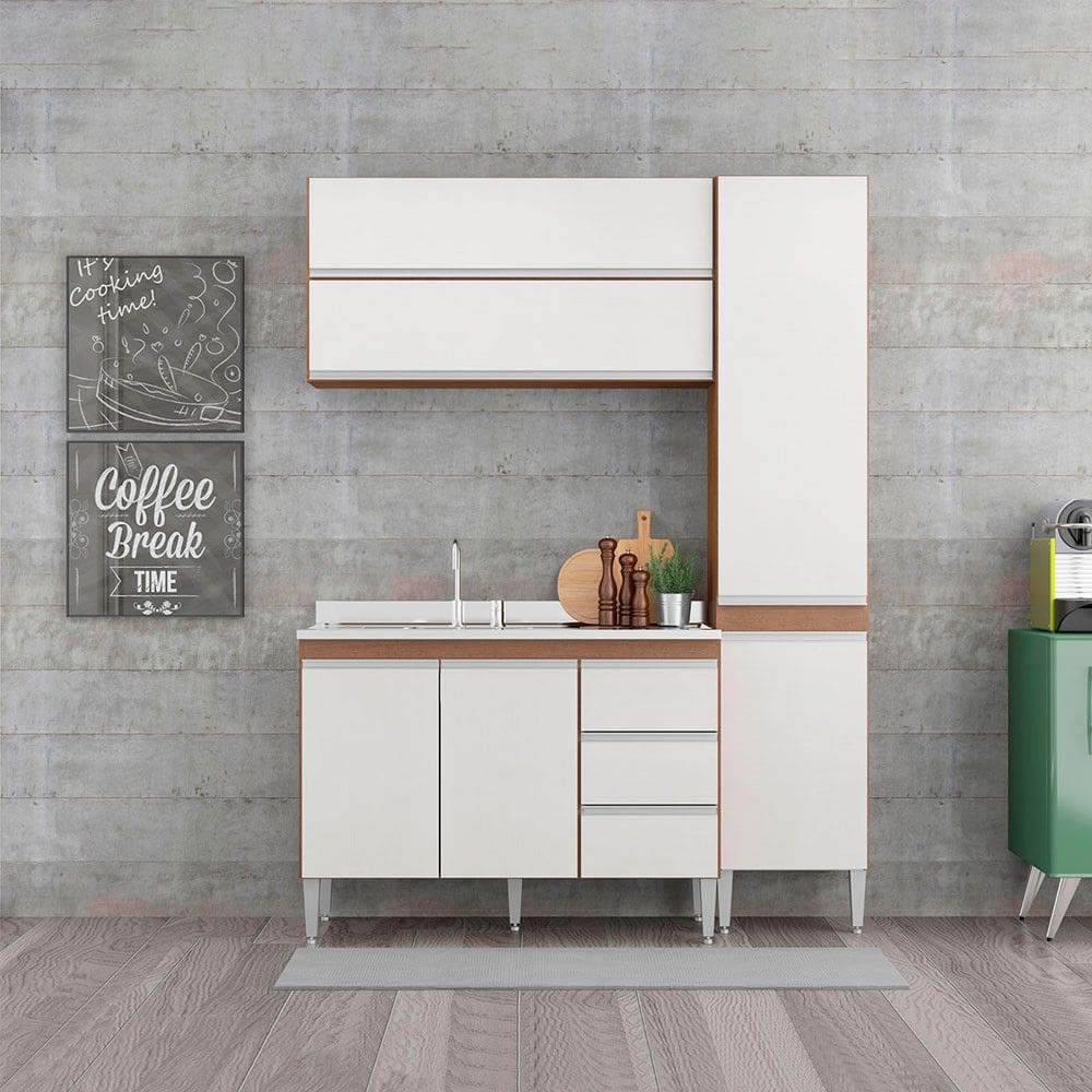 Cozinha Compacta Modulada Sabrina com Balcão Pia 160x202cm 4 Peças MDP Branco Menu Móveis