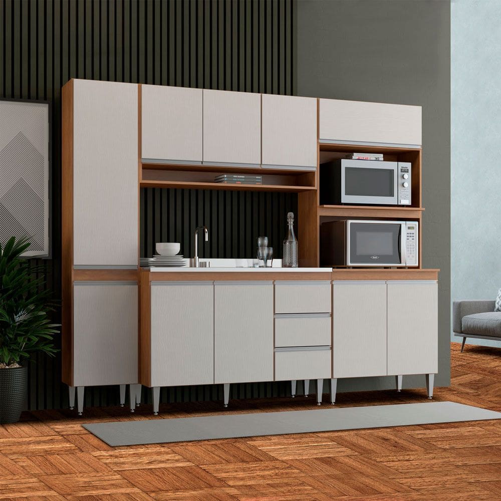 Armário de Cozinha Compacta Modulada Sabrina 240x202cm 4 Peças MDP Branco Menu Móveis