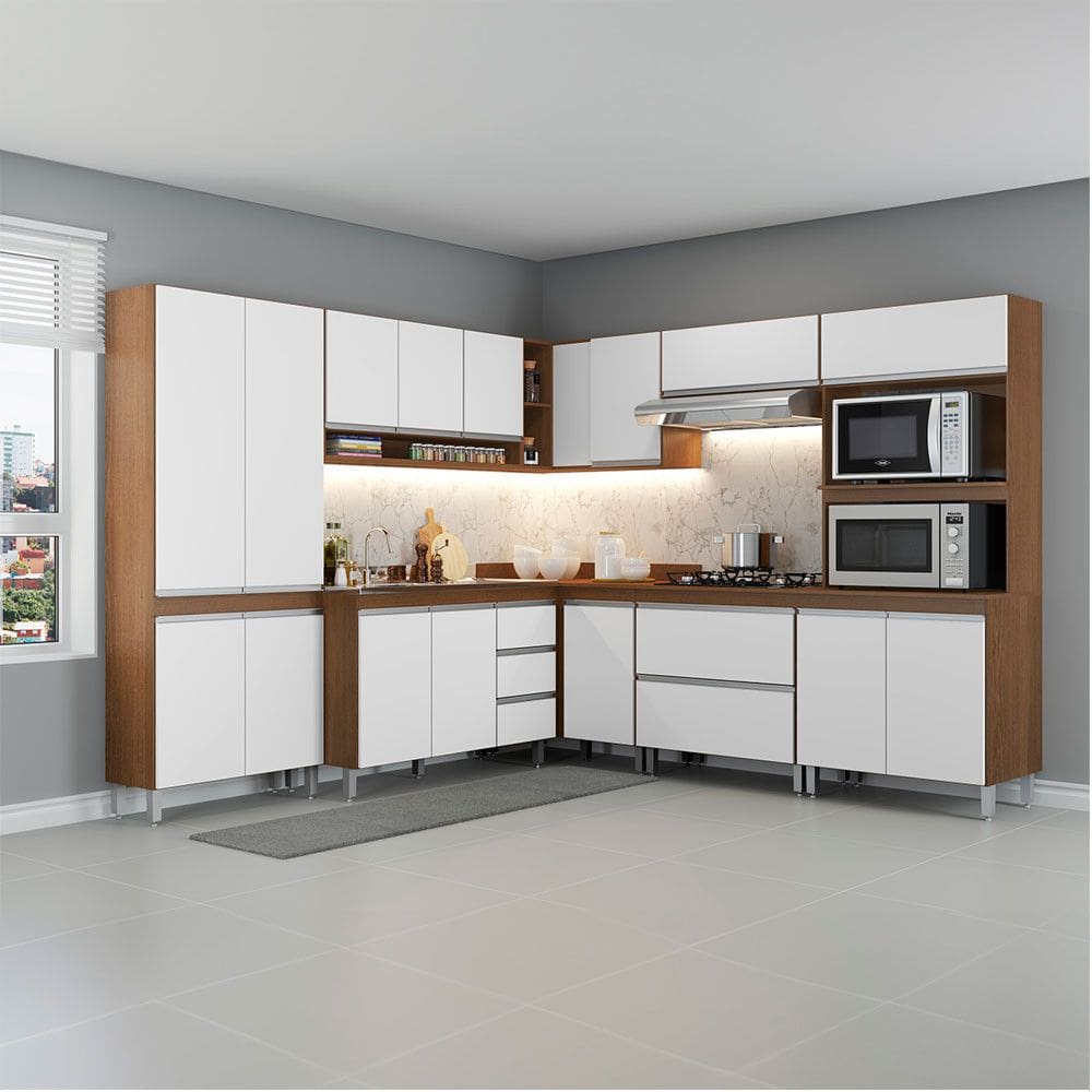 Cozinha Completa de Canto Modulada Sabrina 252-254x202cm 8 Peças MDP Branco Menu Móveis