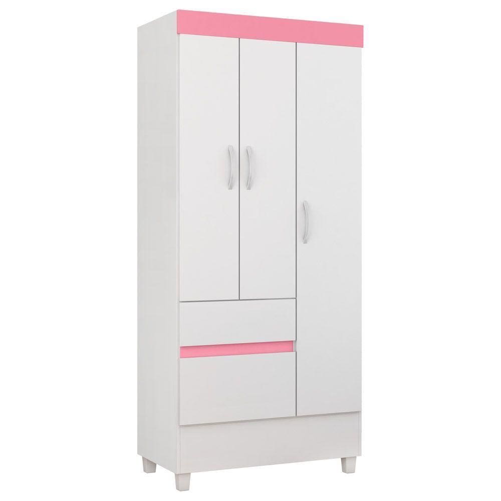 Guarda Roupa Flex 3 Portas 2 Gavetas Wind Branco/Rosa/Branco