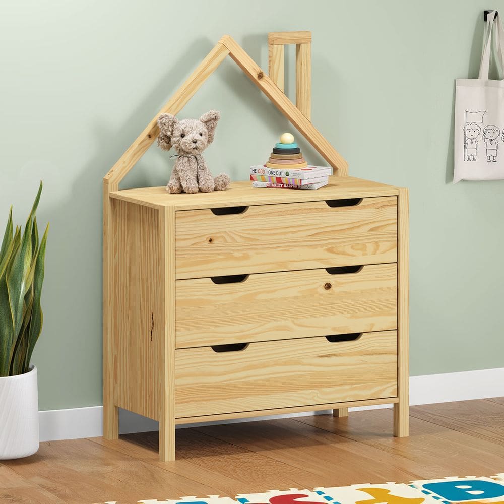 Cômoda infantil Montessori Madeira Casinha 3 Gavetas Elano Natural
