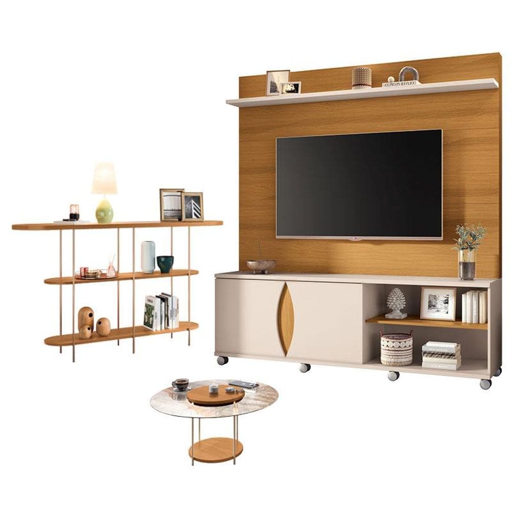 Estante Home Theater Luxor Cinamomo Off White e Aparador Infinity e Mesa de Centro sky com Tampo de Vidro Cinamomo- HB Móveis