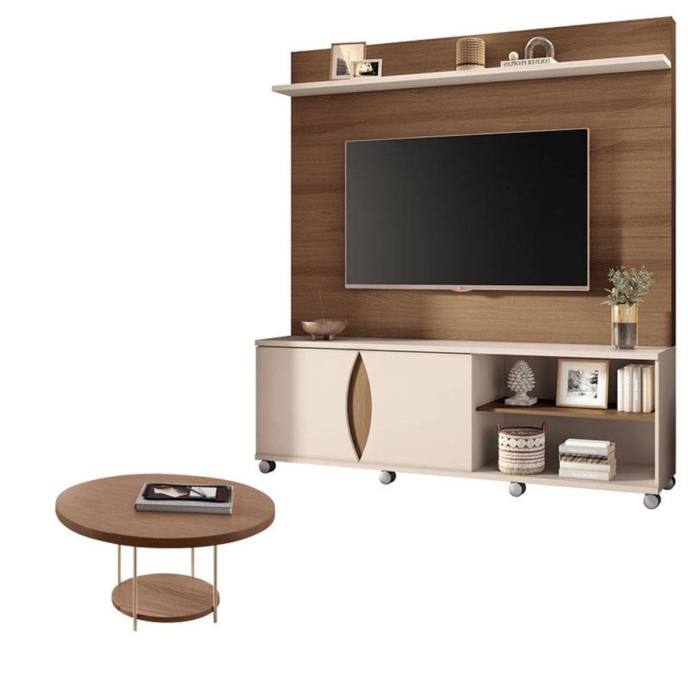 Estante Home Theater Luxor Castanho Off White e Mesa de Centro sky Castanho- HB Móveis