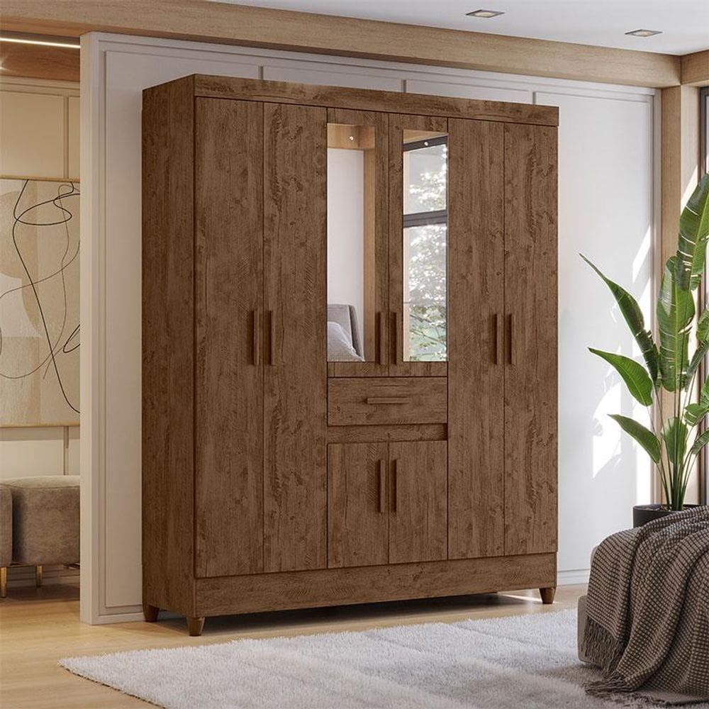 Guarda Roupa Casal Ambiente Portugal 8 Portas Castanho Wood com Espelho - Moval