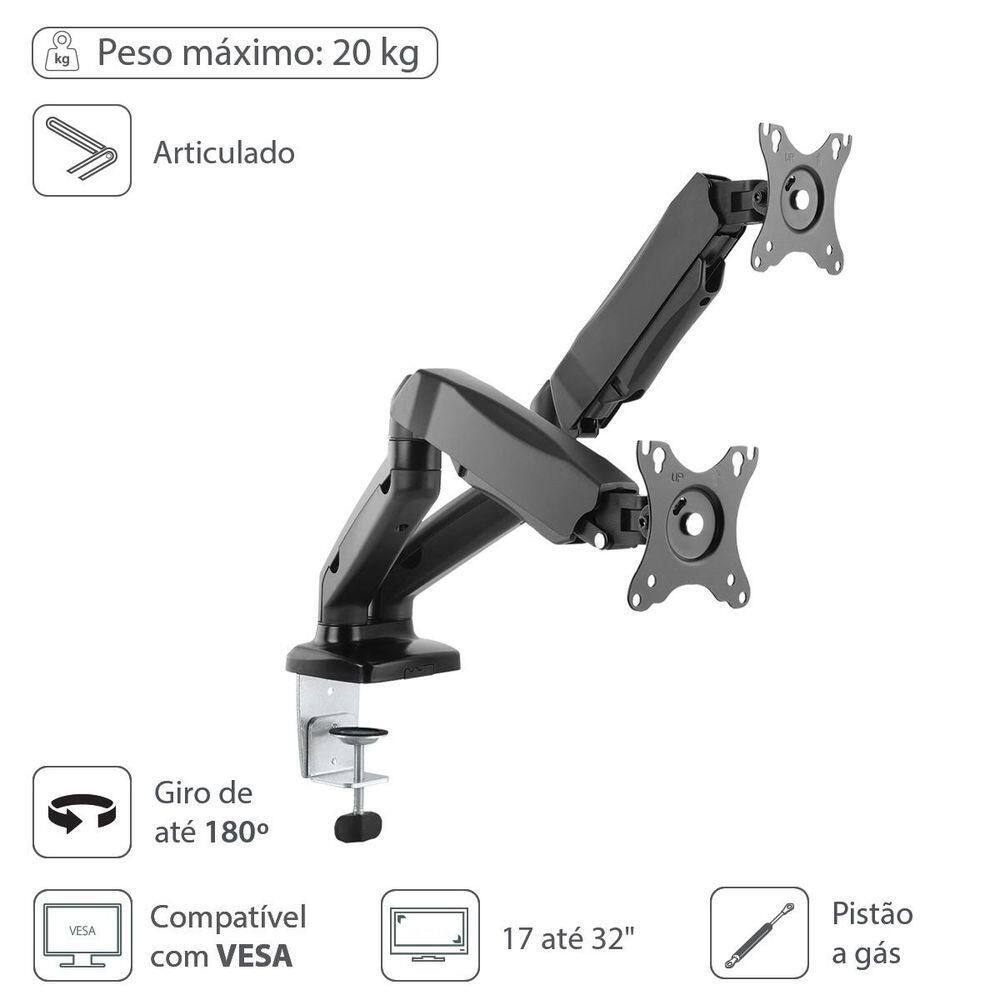 Suporte A Gás Para 2 Monitores 17`` A 32`` Vesa 100x100 Sm-341b