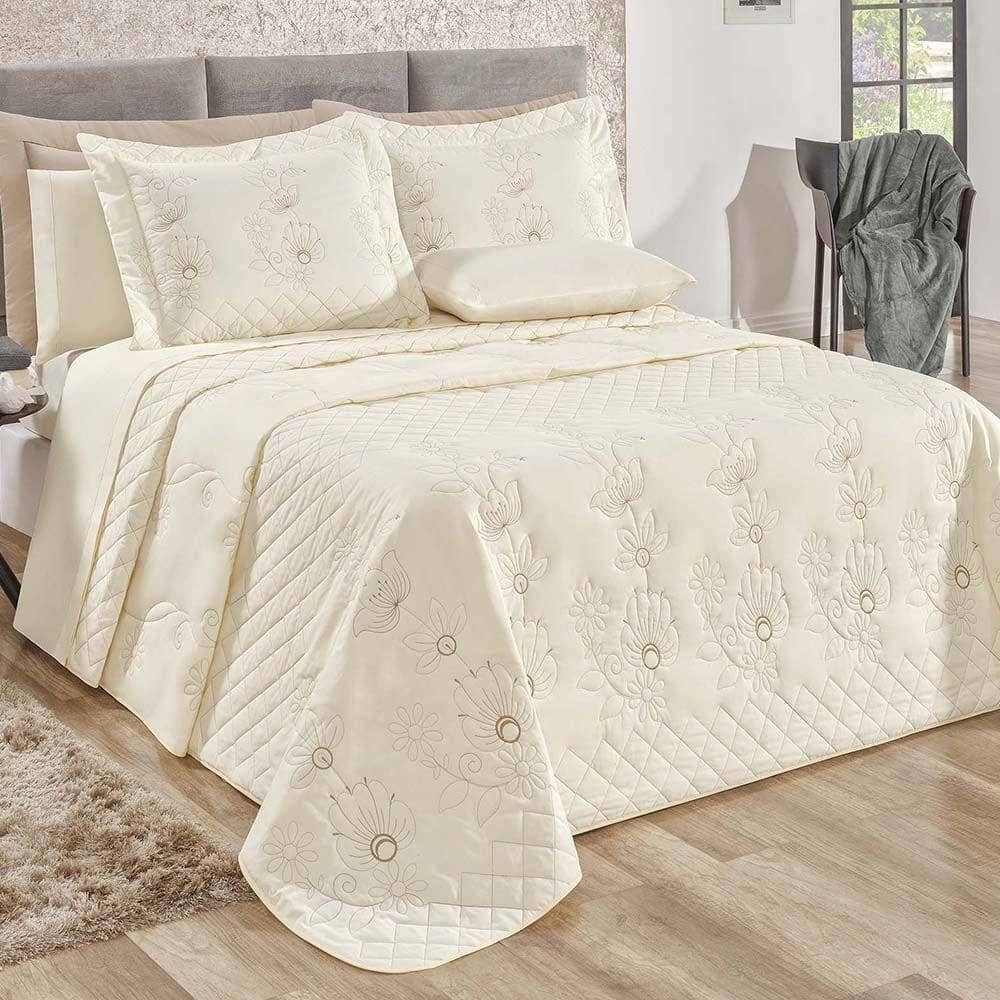 Kit Cobre Leito Colcha Atena Queen 5 Peças 100% Algodão 150 Fios Bordado Floral - Marfim