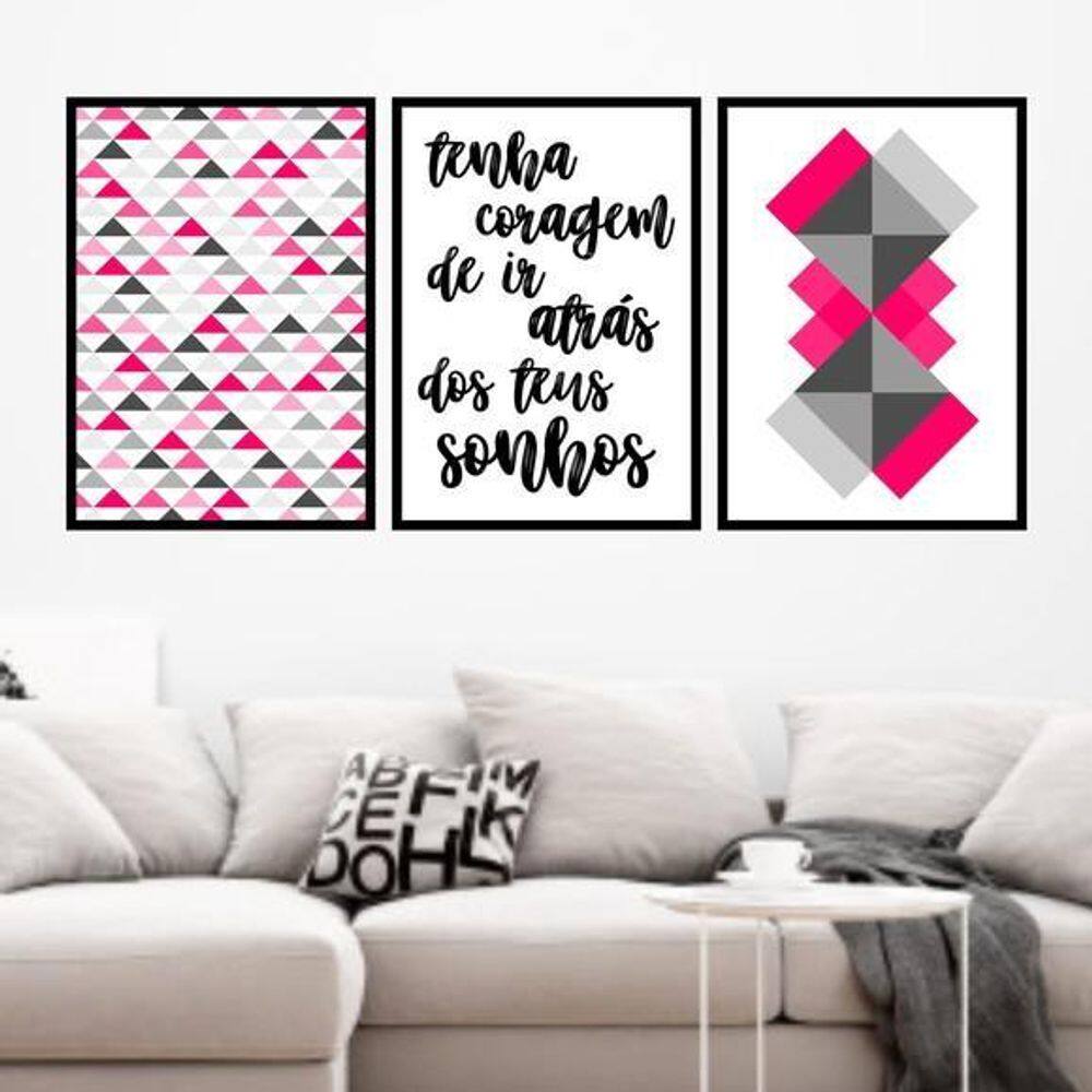 Quadros Geométrico Coragem Rosa Moldura Preta 24X18Cm 3Un