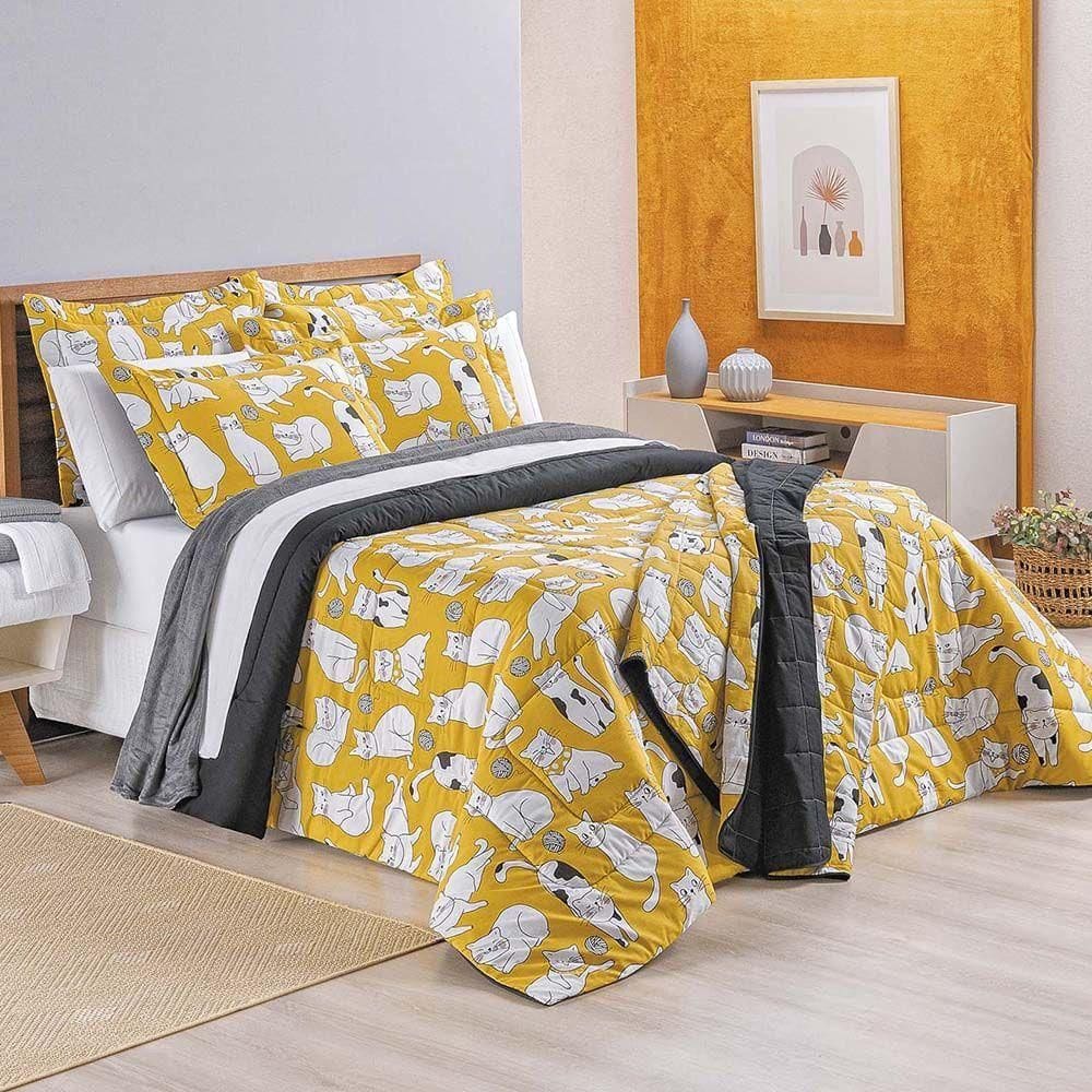 Kit Cobre Leito Colcha Gatos Casal 3 Peças Estampado Percal 200 Fios 100% Algodão