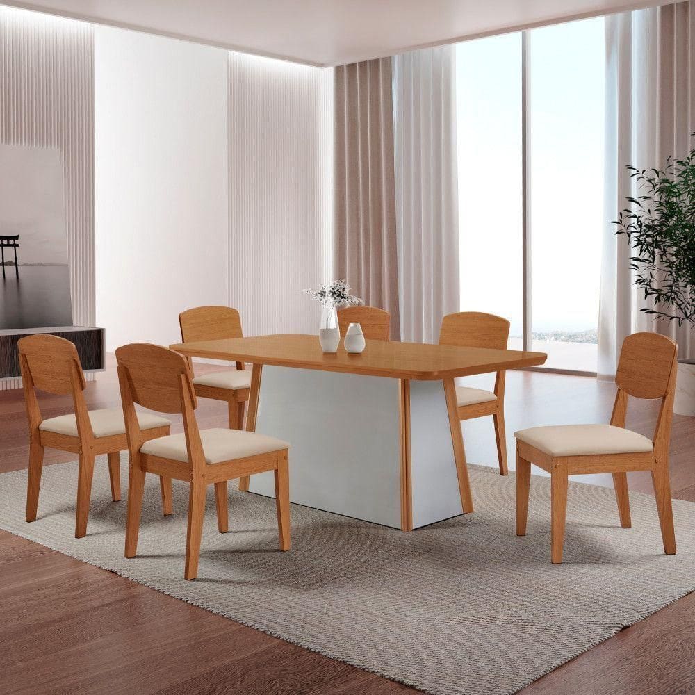Mesa De Jantar Diane 180cm Tampo Mdf Canto Copo E 6 Cadeiras Veludo Creme/naturale/off White