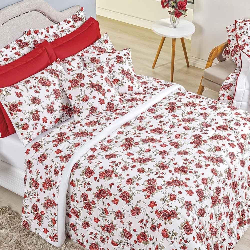 Kit Edredom Supreme Queen 5 Peças 100% Algodão 200 Fios Estampado - Rosas Vermelha